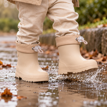 Primer plano de botas Igor Mendi beige en un charco