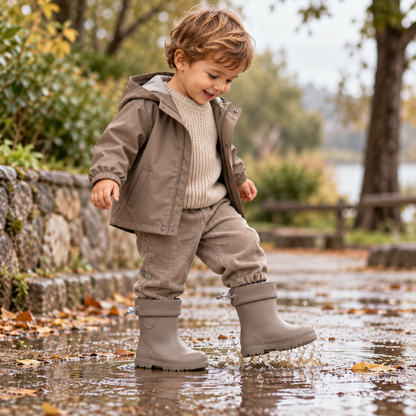 Niño usando botas de lluvia Igor Mendi color Taupe