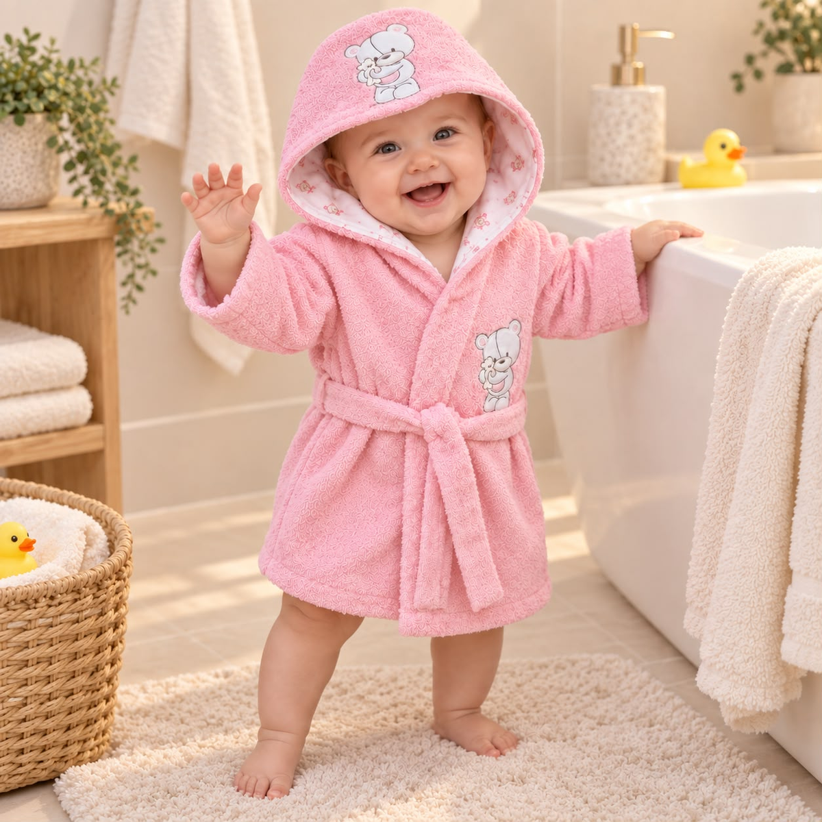 Bebé usando bata de baño rosada con capucha y estampado de osito
