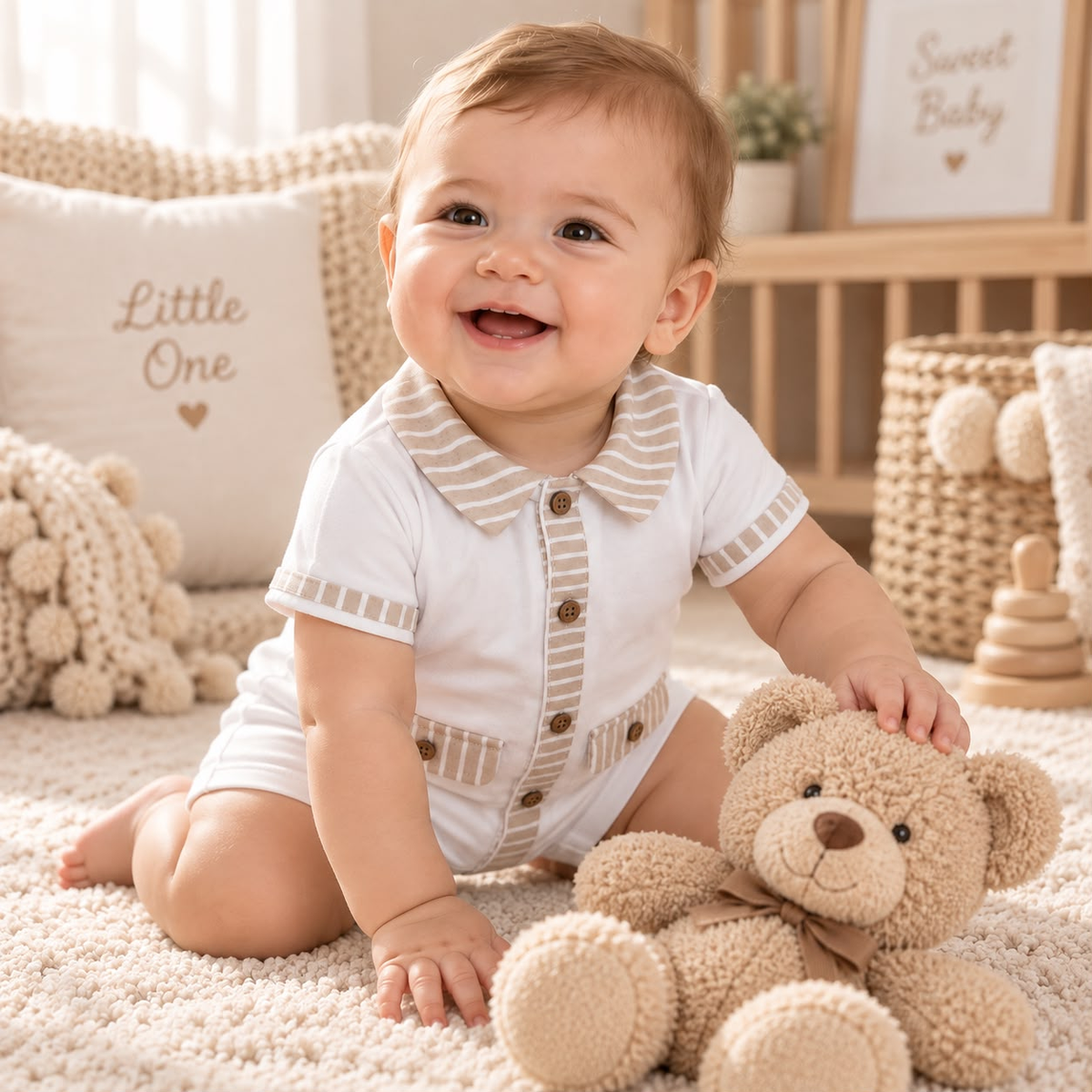Bebé usando conjunto blanco con detalles beige a rayas y botones frontales