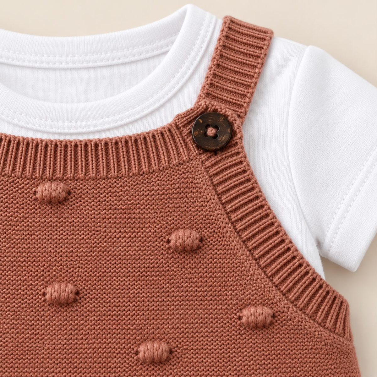 Detalle de enterizo tejido terracota para bebé con botones y pequeños relieves