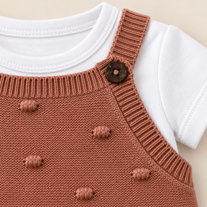 Detalle de enterizo tejido terracota para bebé con botones y pequeños relieves
