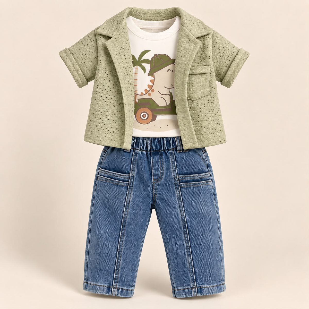Conjunto infantil de tres piezas con sobrecamisa verde oliva, camiseta blanca de dinosaurio y pantalón jean azul