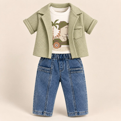 Conjunto infantil de tres piezas con sobrecamisa verde oliva, camiseta blanca de dinosaurio y pantalón jean azul