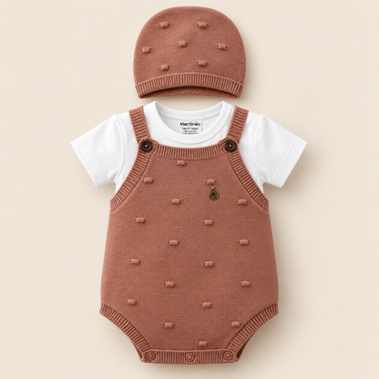 Set tejido Martin's para bebé en tono terracota con enterizo, camiseta blanca y gorro