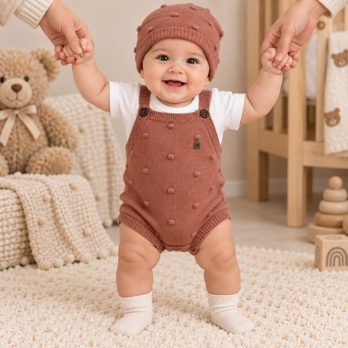 Bebé usando set Martin's terracota con enterizo, camiseta blanca y gorro a juego