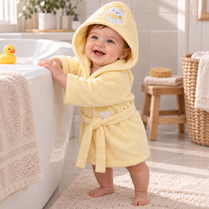 Bebé usando bata de baño amarilla con capucha de osito astronauta