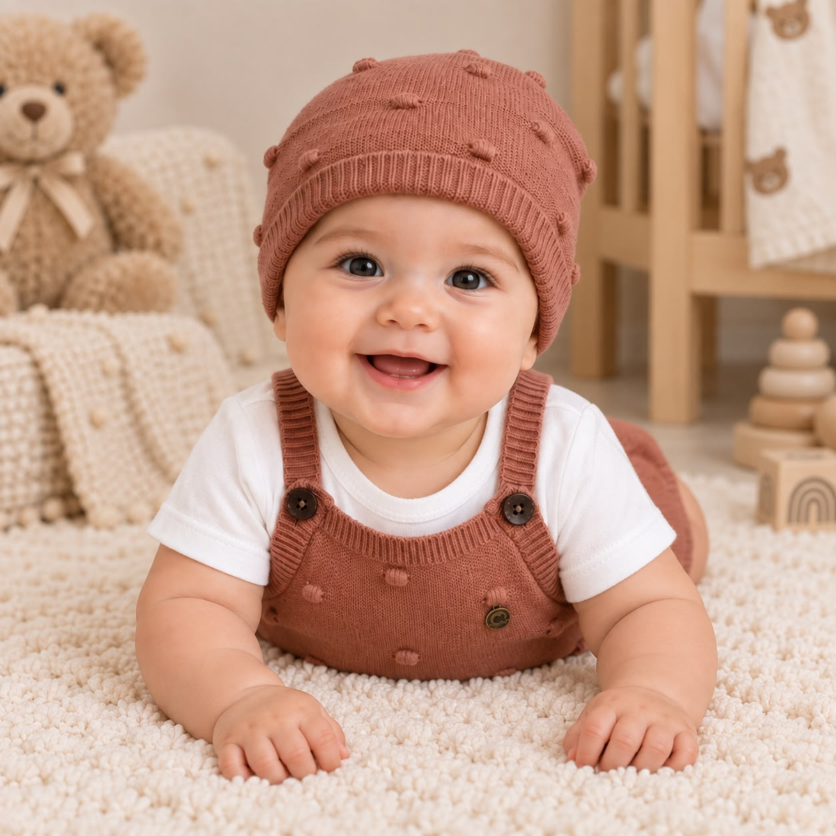 Bebé sentado usando conjunto tejido terracota Martin's con gorro