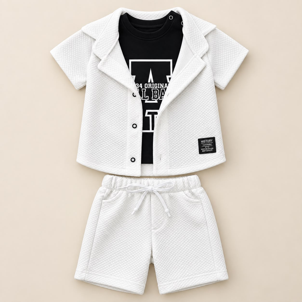 Conjunto para niño blanco y negro con camiseta gráfica, chaqueta blanca y short
