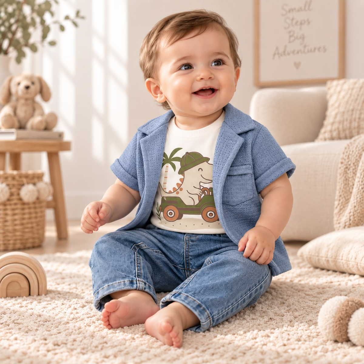 Bebé usando conjunto GARAMALS azul con camiseta de dinosaurio, chaqueta y pantalón