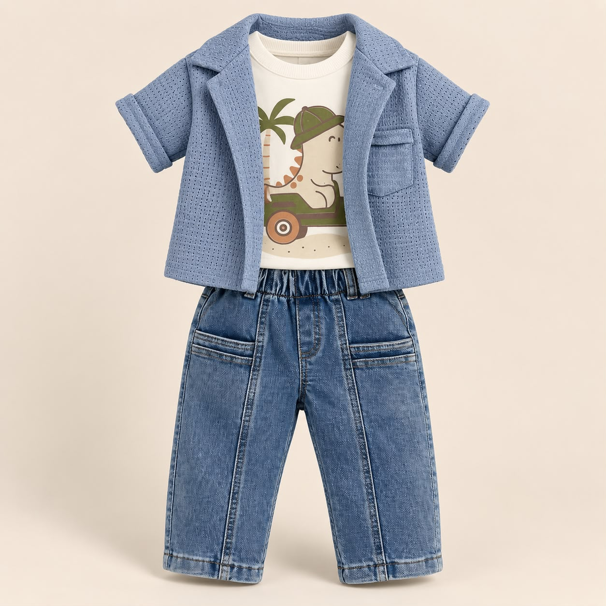 Conjunto GARAMALS para bebé con chaqueta azul, camiseta estampada y pantalón largo
