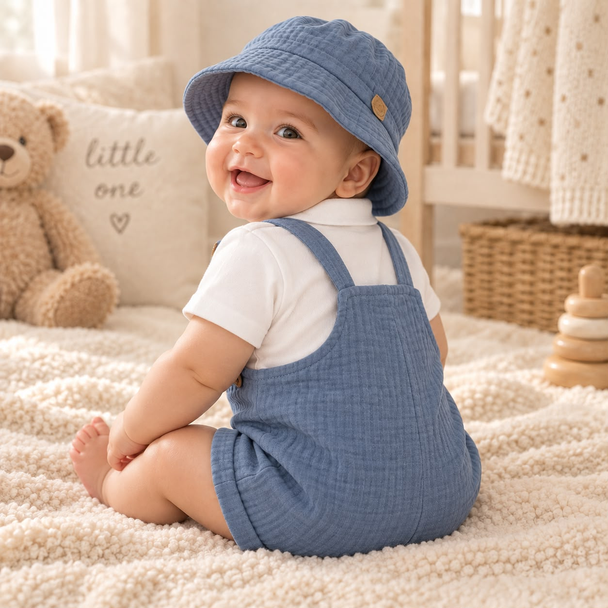 Bebé usando conjunto Mayoral azul con camiseta blanca y gorro a juego