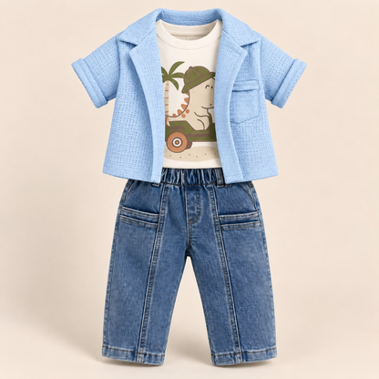 Conjunto GARAMALS para bebé con chaqueta azul, camiseta de dinosaurio y pantalón largo