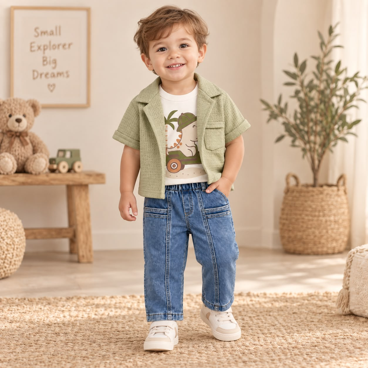 Niño con conjunto infantil verde oliva y azul denim de tres piezas, vista frontal