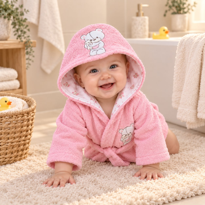 Bebé usando bata rosada con capucha de osito después del baño