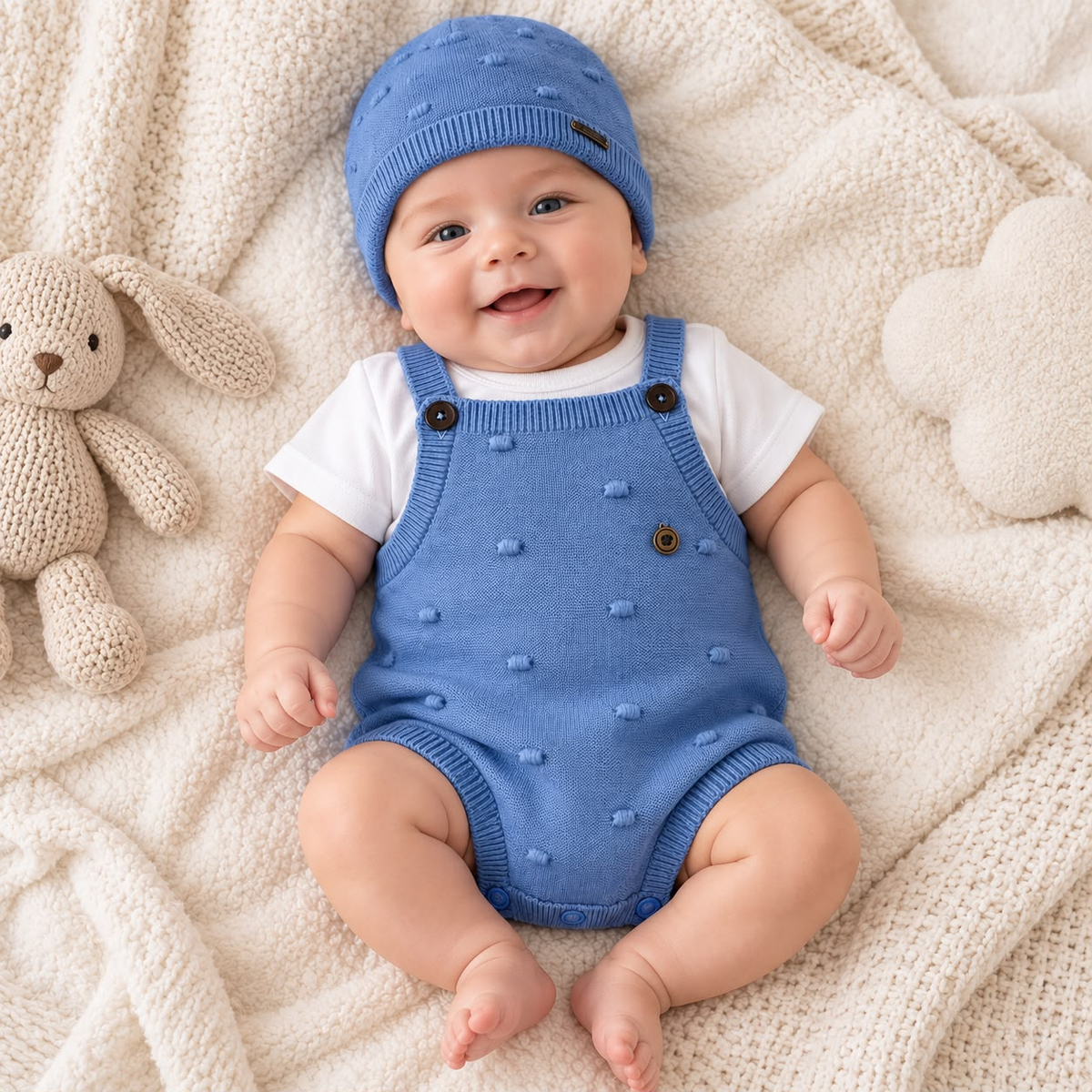 Bebé recostado usando conjunto tejido azul con enterizo y gorro