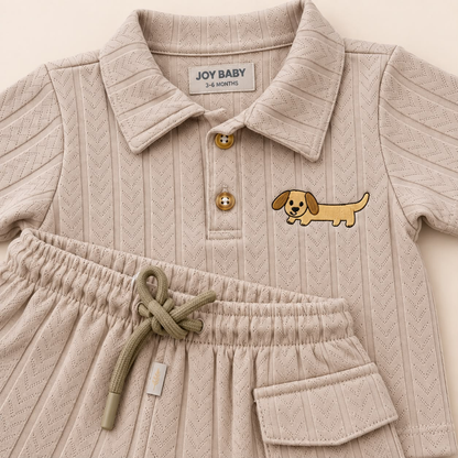 Detalle de polo beige con botones, motivo de perrito y short cargo de conjunto para bebé