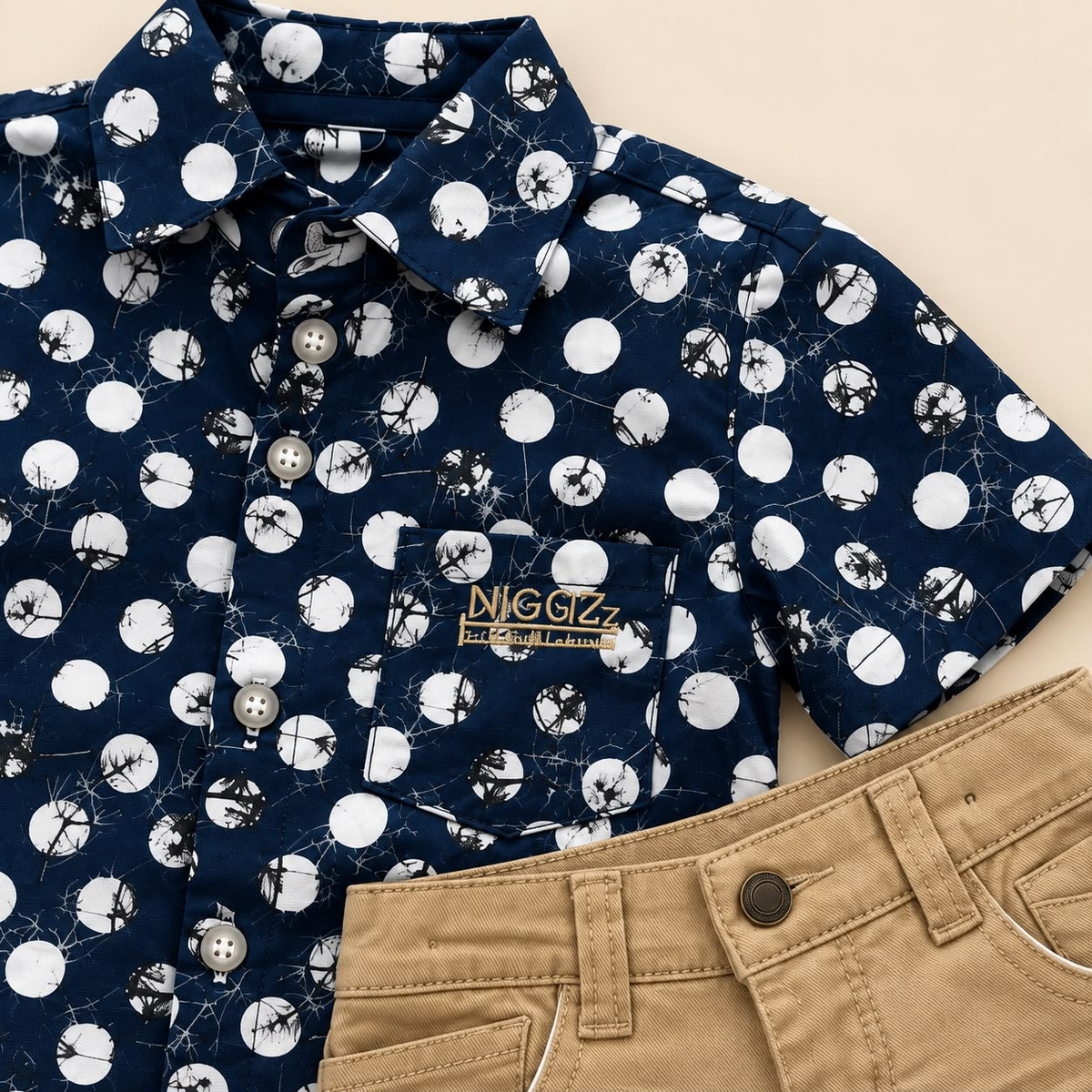 Detalle de camisa azul marino estampada y bermuda beige de conjunto infantil