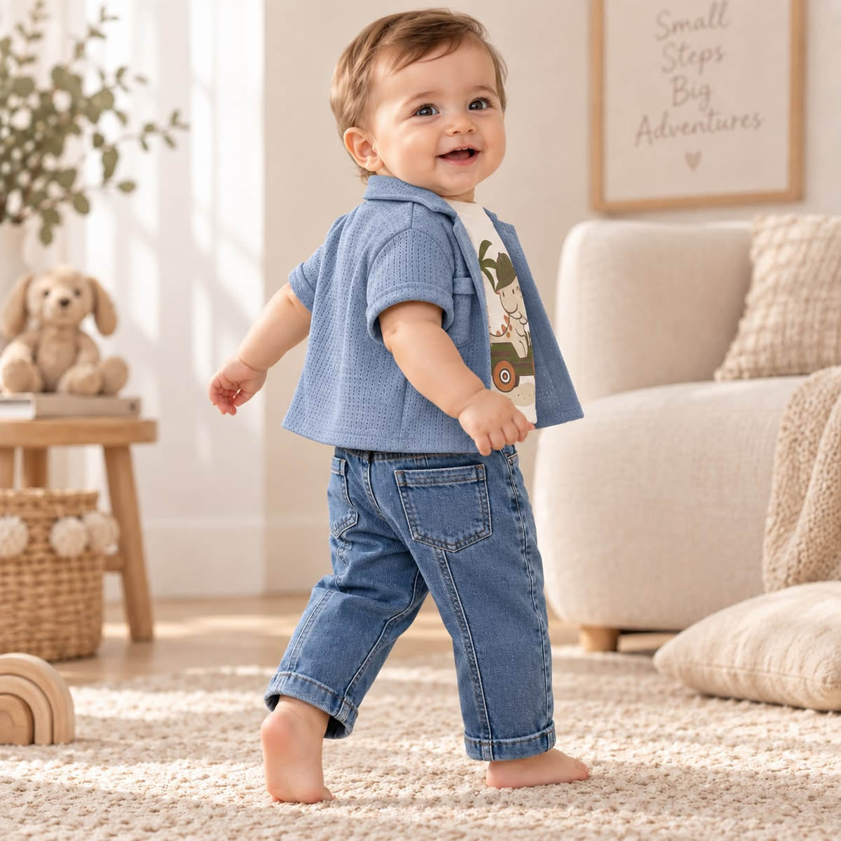 Vista posterior de bebé usando chaqueta azul y pantalón largo a juego