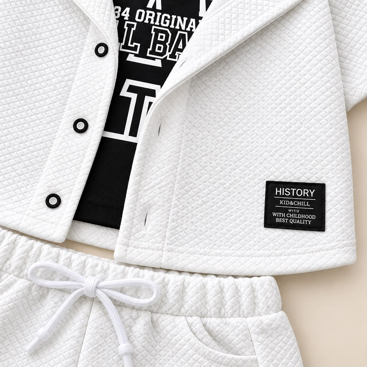 Detalle de chaqueta blanca texturizada con botones y short blanco de conjunto infantil