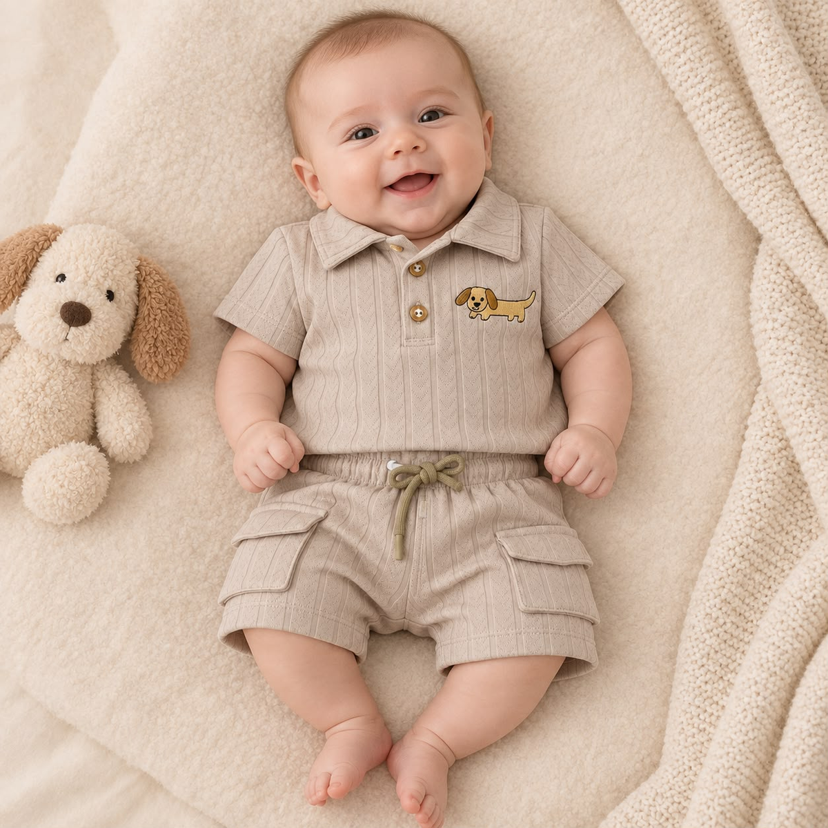 Bebé usando conjunto beige Joy Baby con polo de manga corta y short cargo