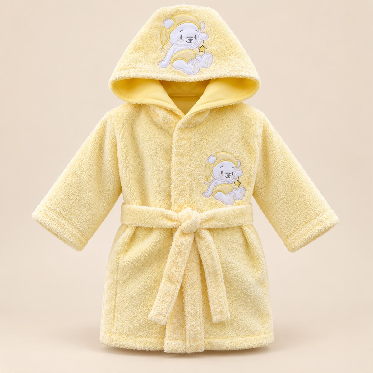 Bata de baño amarilla para bebé con capucha de osito astronauta y cinturón para anudar