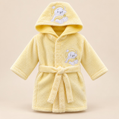 Bata de baño amarilla para bebé con capucha de osito astronauta y cinturón para anudar