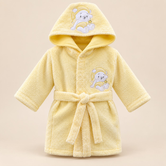 Bata de baño amarilla para bebé con capucha de osito astronauta y cinturón para anudar