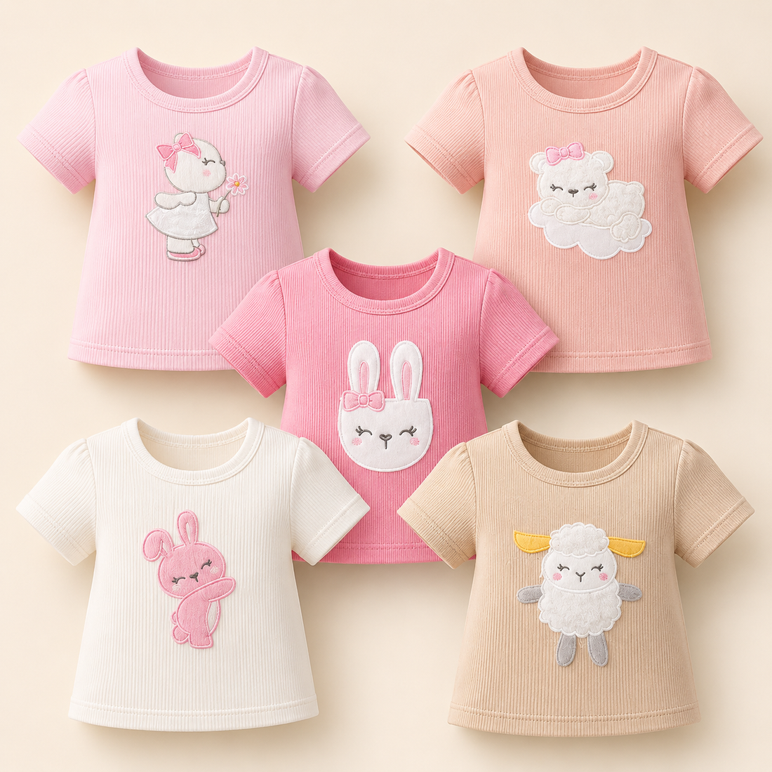 Set 5 Camisetas Bebé Niña Apliques Animales Tiernos