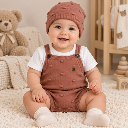 Bebé usando enterizo tejido terracota con camiseta blanca y gorro Martin's
