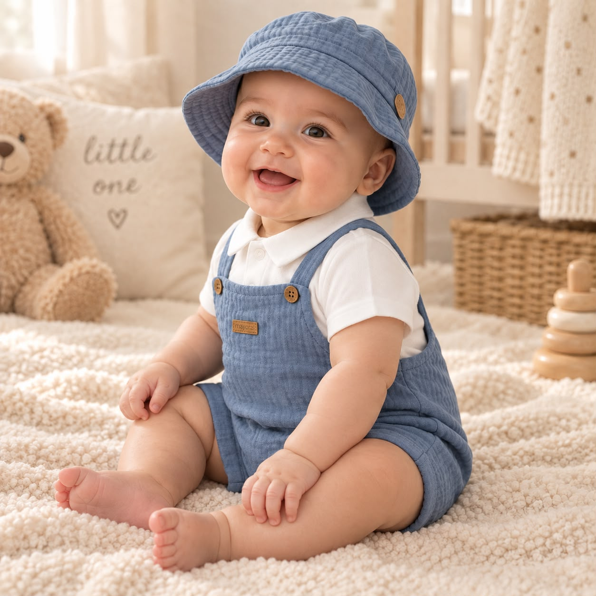 Bebé usando peto corto azul con camiseta blanca de cuello polo y gorro