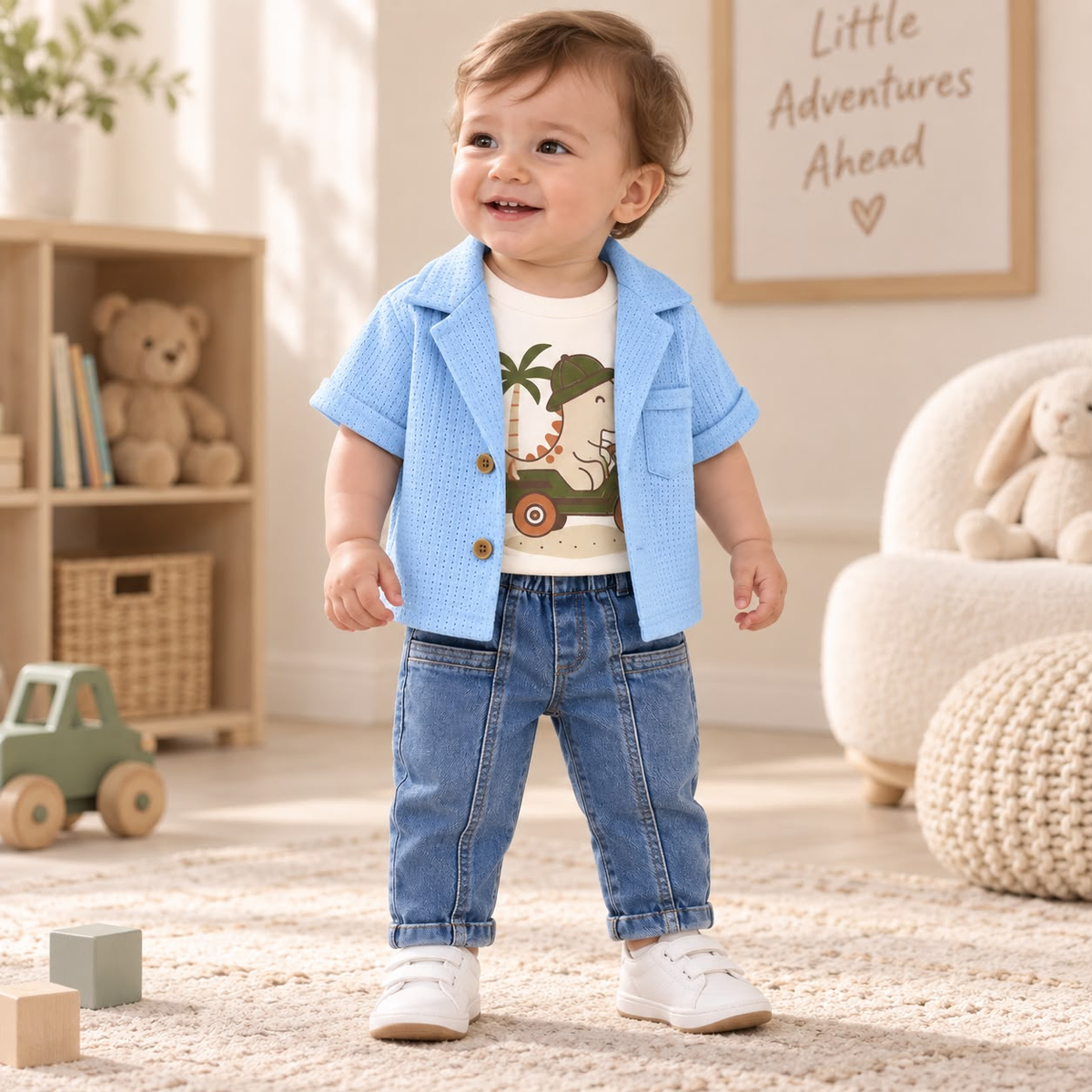 Bebé usando conjunto GARAMALS azul con camiseta de dinosaurio, chaqueta y pantalón