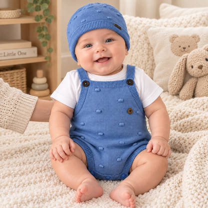 Bebé sentado usando enterizo tejido azul con camiseta blanca y gorro a juego