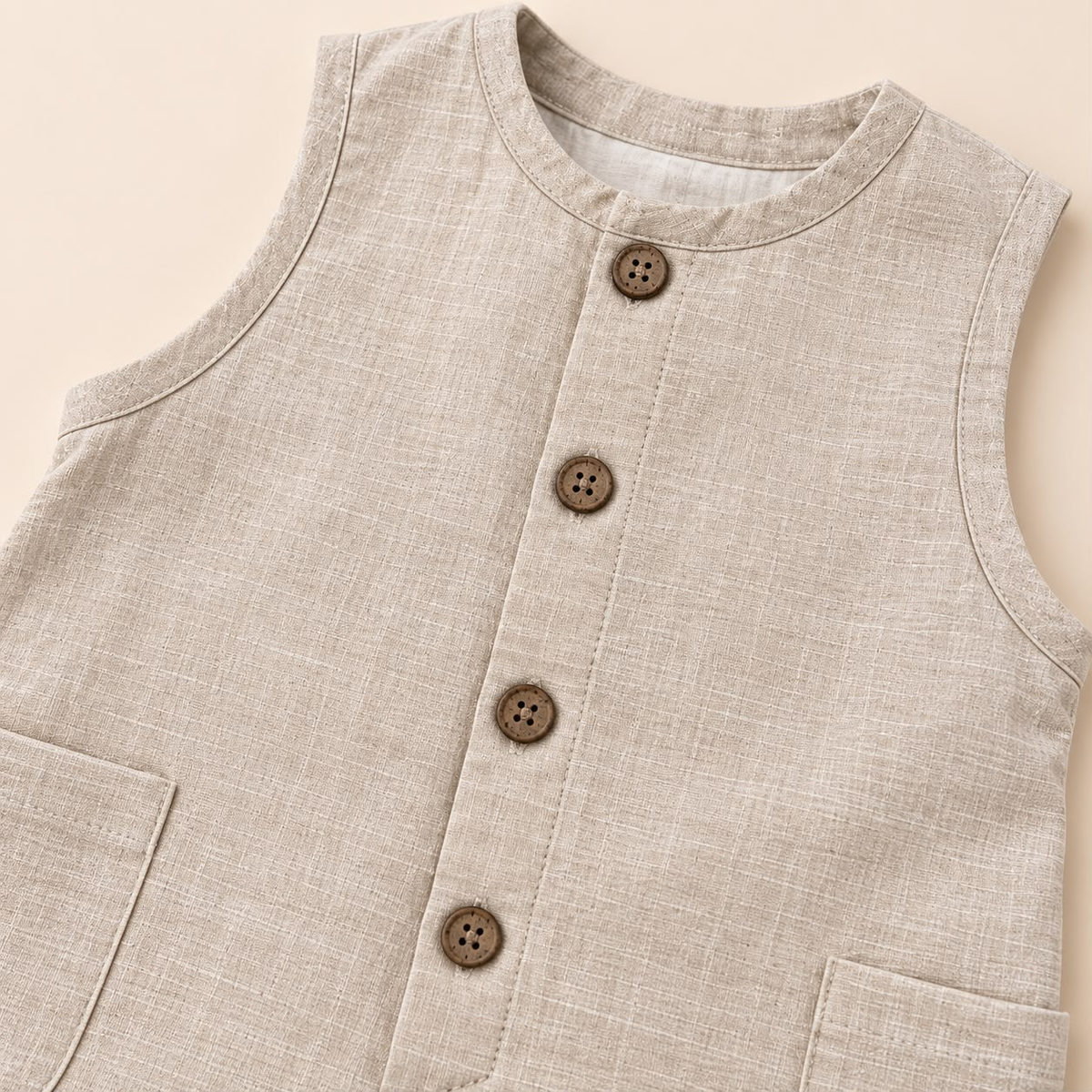 Detalle del enterizo beige para bebé con cuello redondo, botones y bolsillos