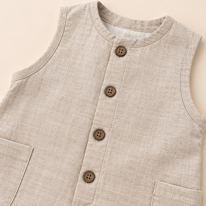 Detalle del enterizo beige para bebé con cuello redondo, botones y bolsillos