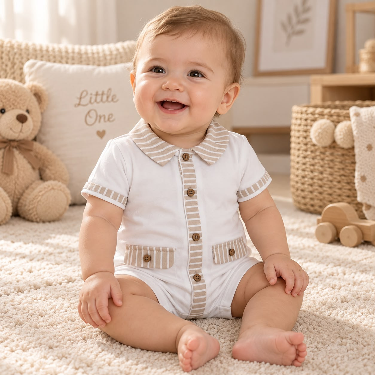 Bebé usando conjunto blanco con detalles beige a rayas en cuello, mangas y bolsillos