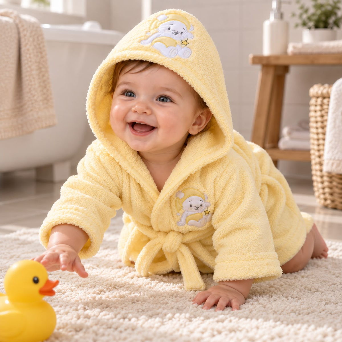 Bebé usando bata amarilla con capucha y aplique de osito astronauta después del baño
