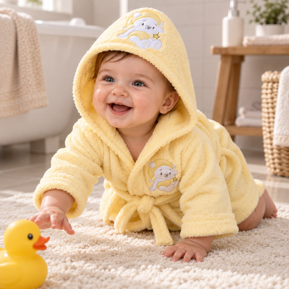 Bebé usando bata amarilla con capucha y aplique de osito astronauta después del baño