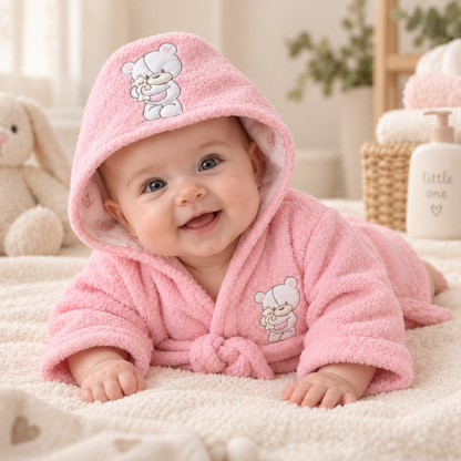 Detalle de capucha rosada con aplique de osito en bata de baño para bebé
