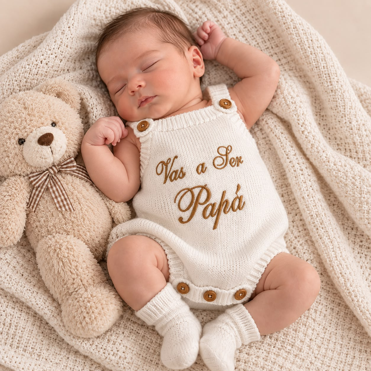 Bebé recostado usando set tejido blanco con bordado Vas a Ser Papá y medias