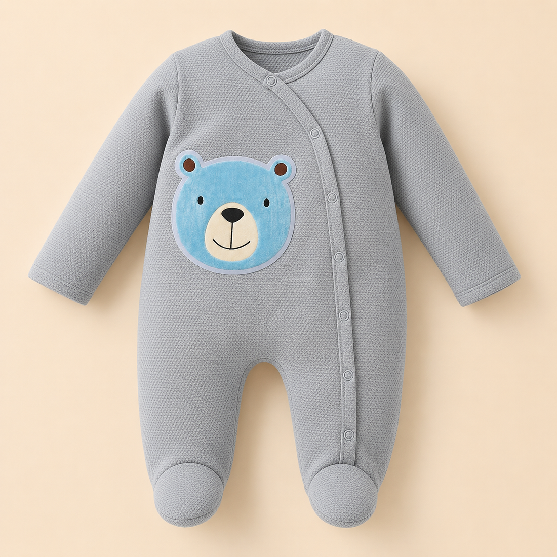 Pijama Enteriza Bebé Osito Azul Gris Waffle con Piecitos