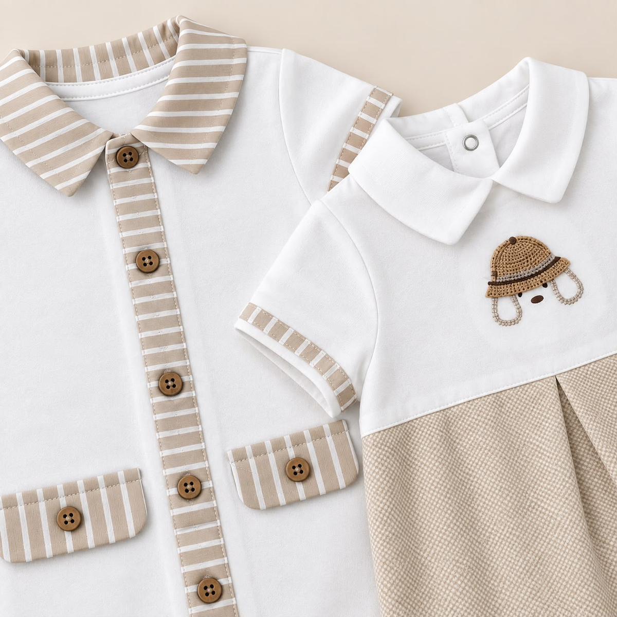 Detalle de prendas para bebé blancas con acabados beige a rayas y botones cafés