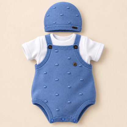 Set tejido azul para bebé con enterizo, camiseta blanca y gorro a juego