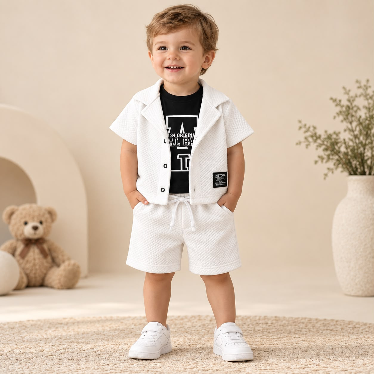 Niño usando conjunto blanco y negro con camiseta estampada, chaqueta y short