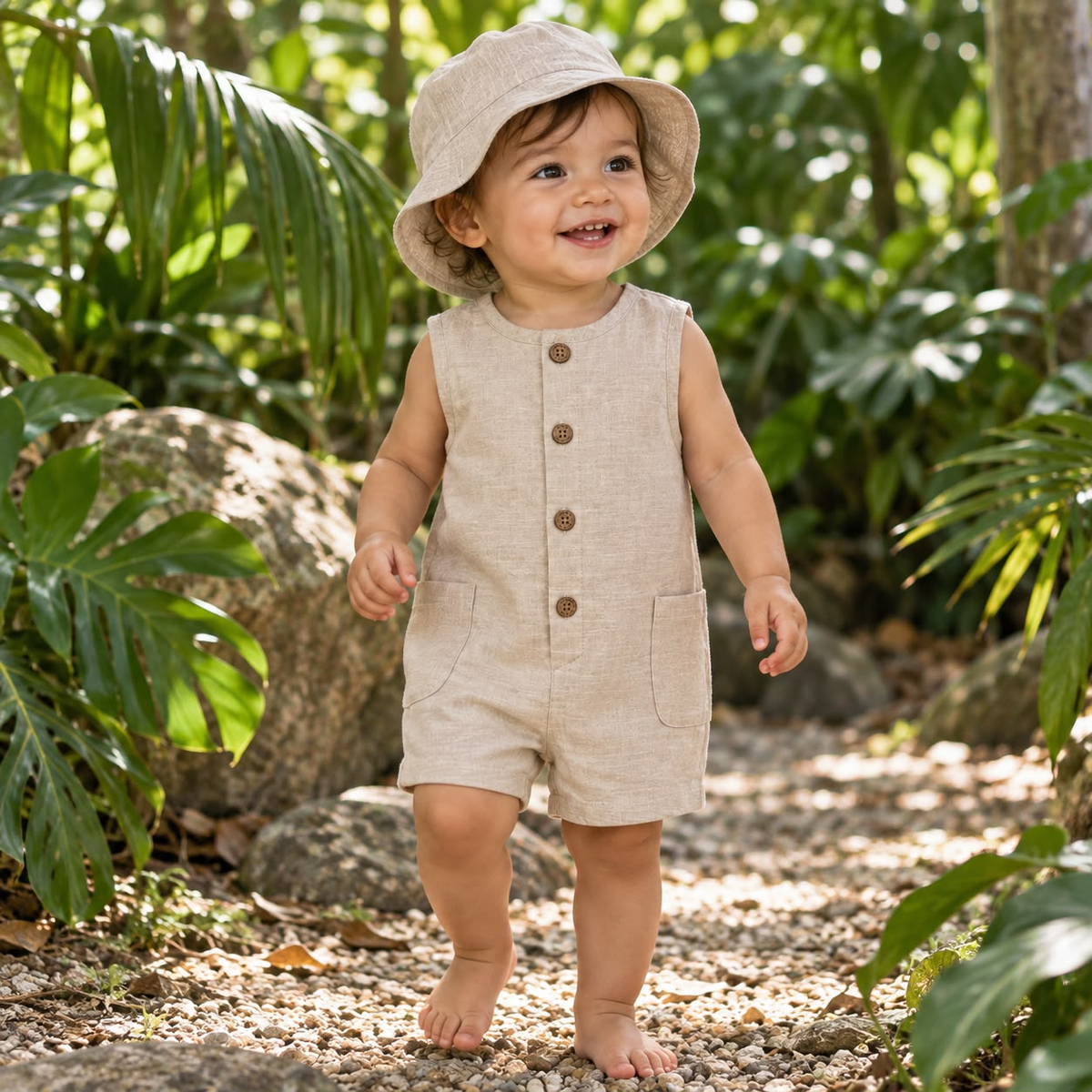 Bebé usando enterizo beige corto con sombrero a juego