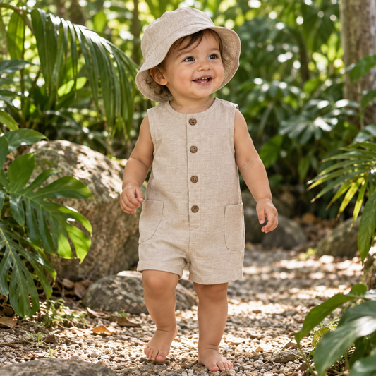 Bebé usando enterizo beige corto con sombrero a juego