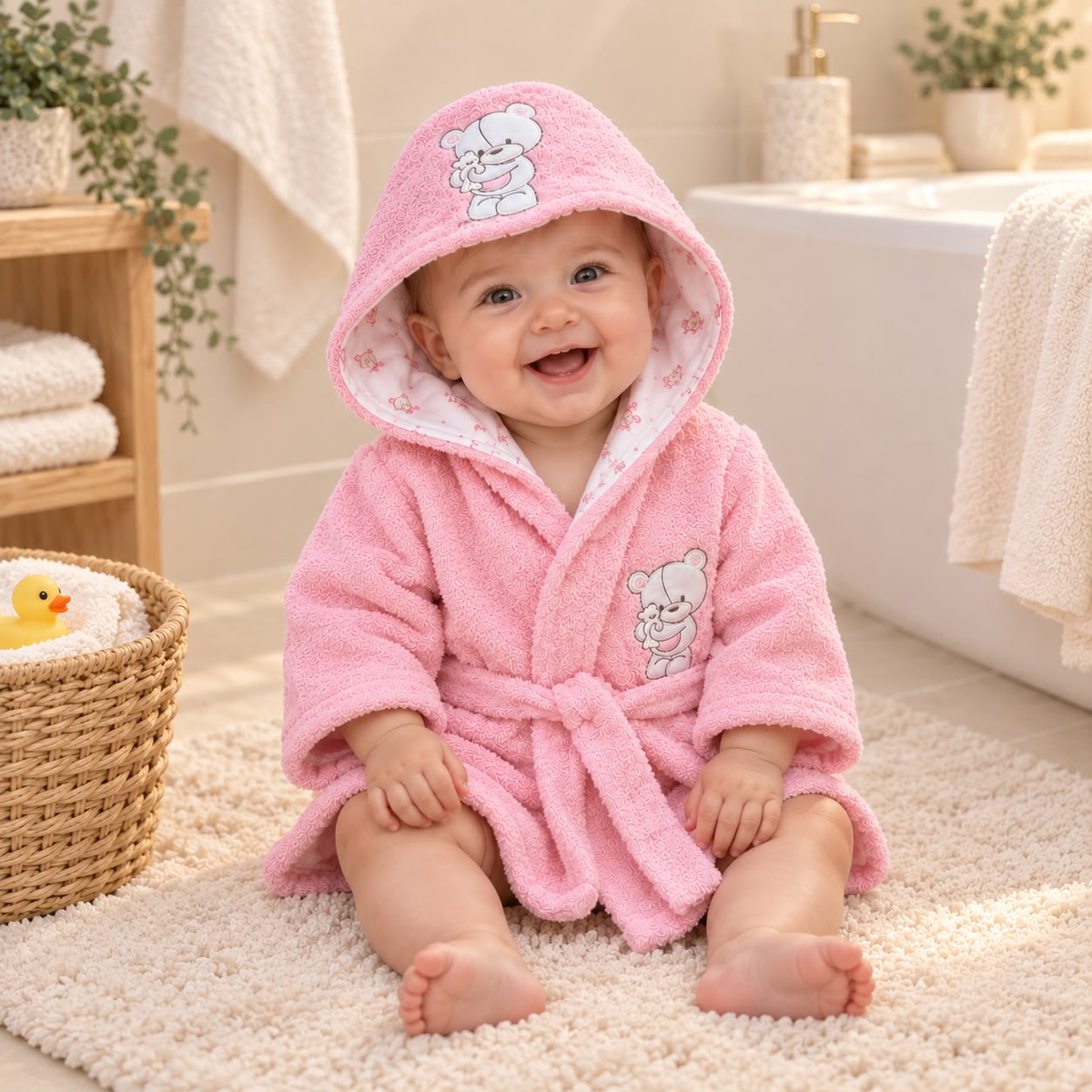 Bata de baño rosada para bebé con mangas largas, capucha y cinturón