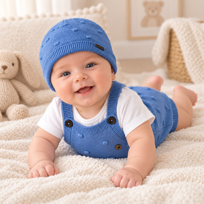 Bebé usando set tejido azul con enterizo, camiseta blanca y gorro