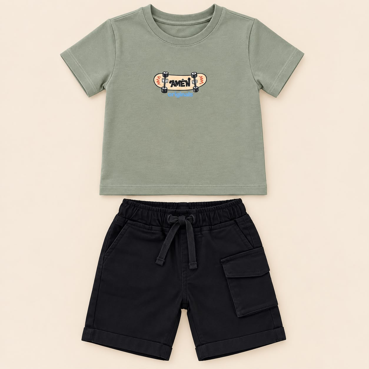 Conjunto para niño verde oliva y negro con camiseta de manga corta y short negro, talla 3T
