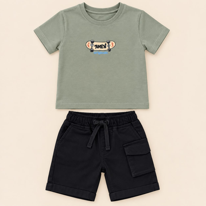 Conjunto para niño verde oliva y negro con camiseta de manga corta y short negro, talla 3T